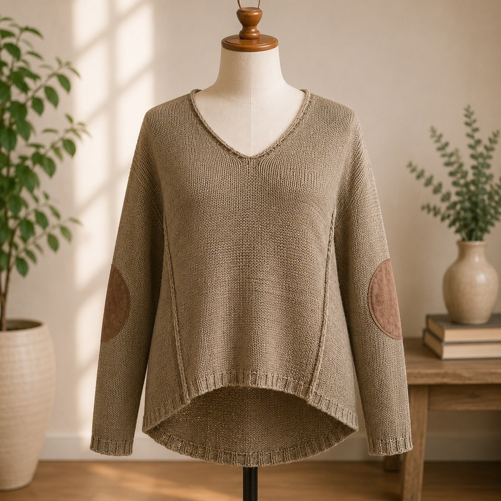 NWT RDI Sweater Womens‎ Medium Olive Drab Elbow Patch V-Neck High Low Knit